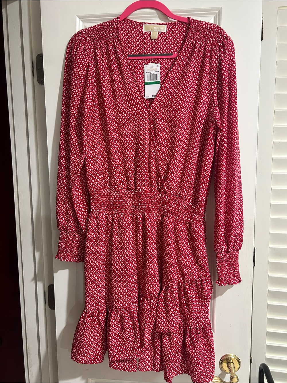 Michael Kors Red and White Printed V-Neck Dress